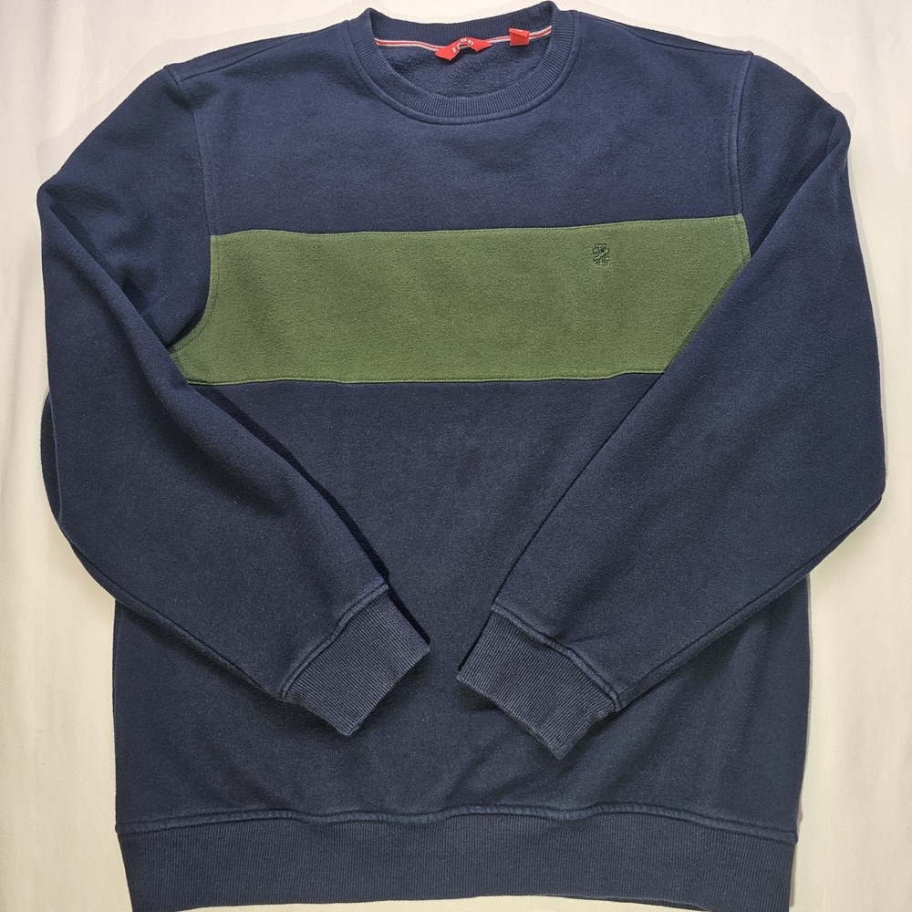 IZOD Men's Large Navy‎ Blue Green Stripe Crewneck Sweatshirt Pullover